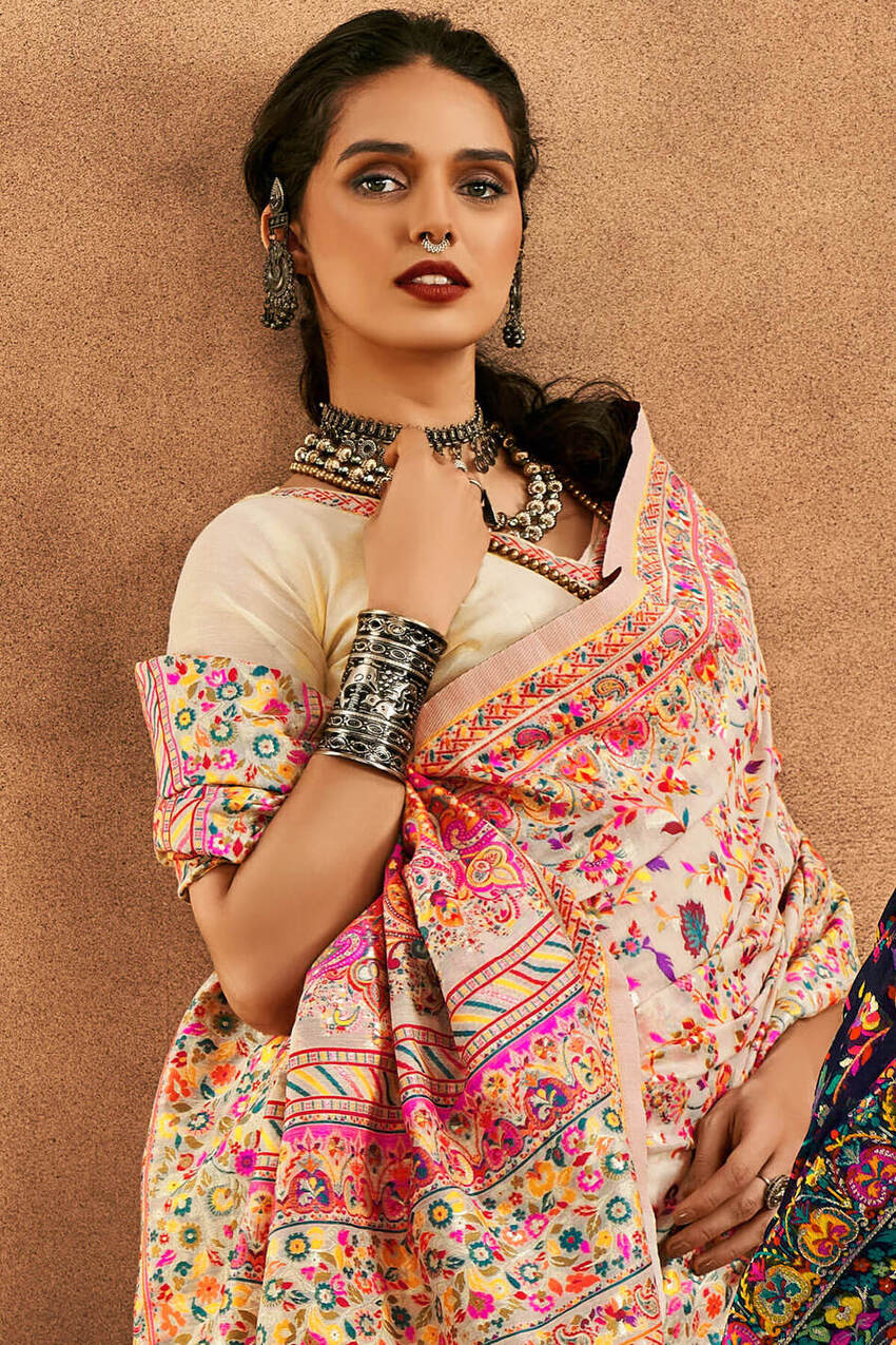 Rhapsodic Beige Pashmina Saree With Glorious Blouse Piece