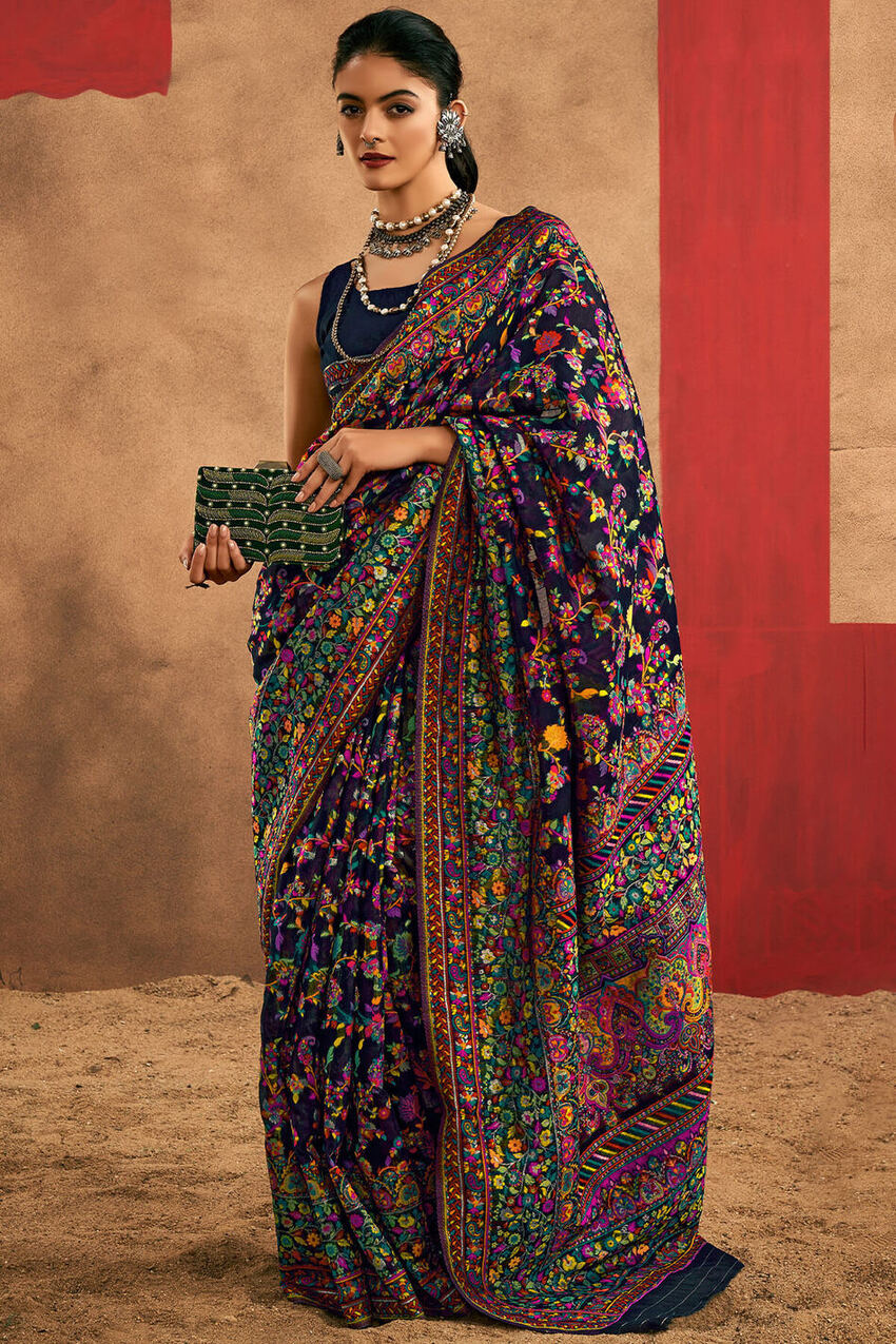 Brood Navy Blue Pashmina Saree With Demesne Blouse Piece
