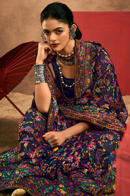 Brood Navy Blue Pashmina Saree With Demesne Blouse Piece