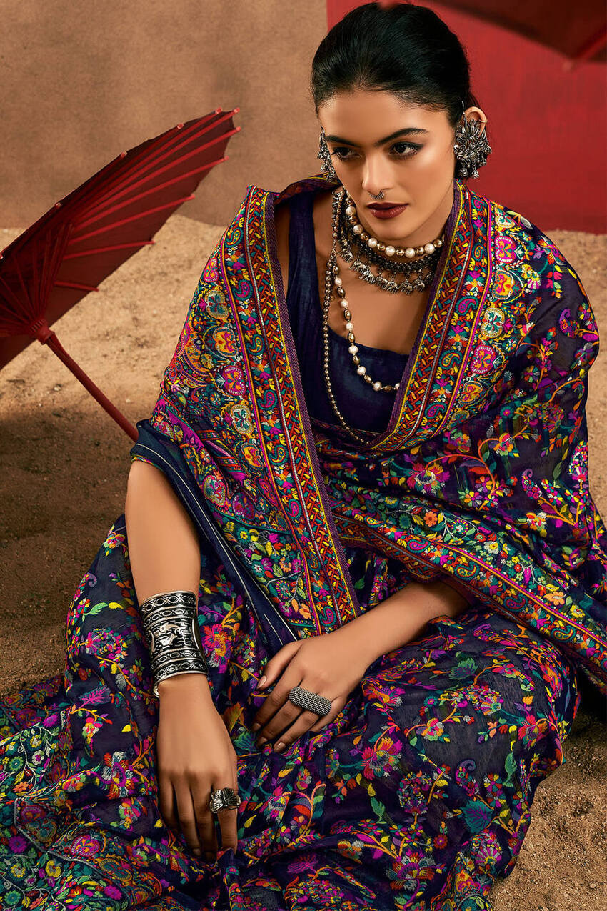 Brood Navy Blue Pashmina Saree With Demesne Blouse Piece