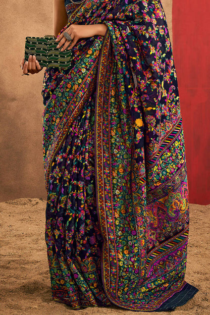 Brood Navy Blue Pashmina Saree With Demesne Blouse Piece