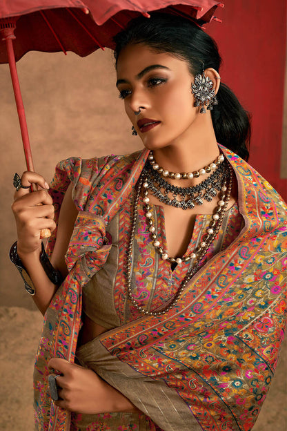 Exceptional Grey Pashmina Saree With Splendorous Blouse Piece