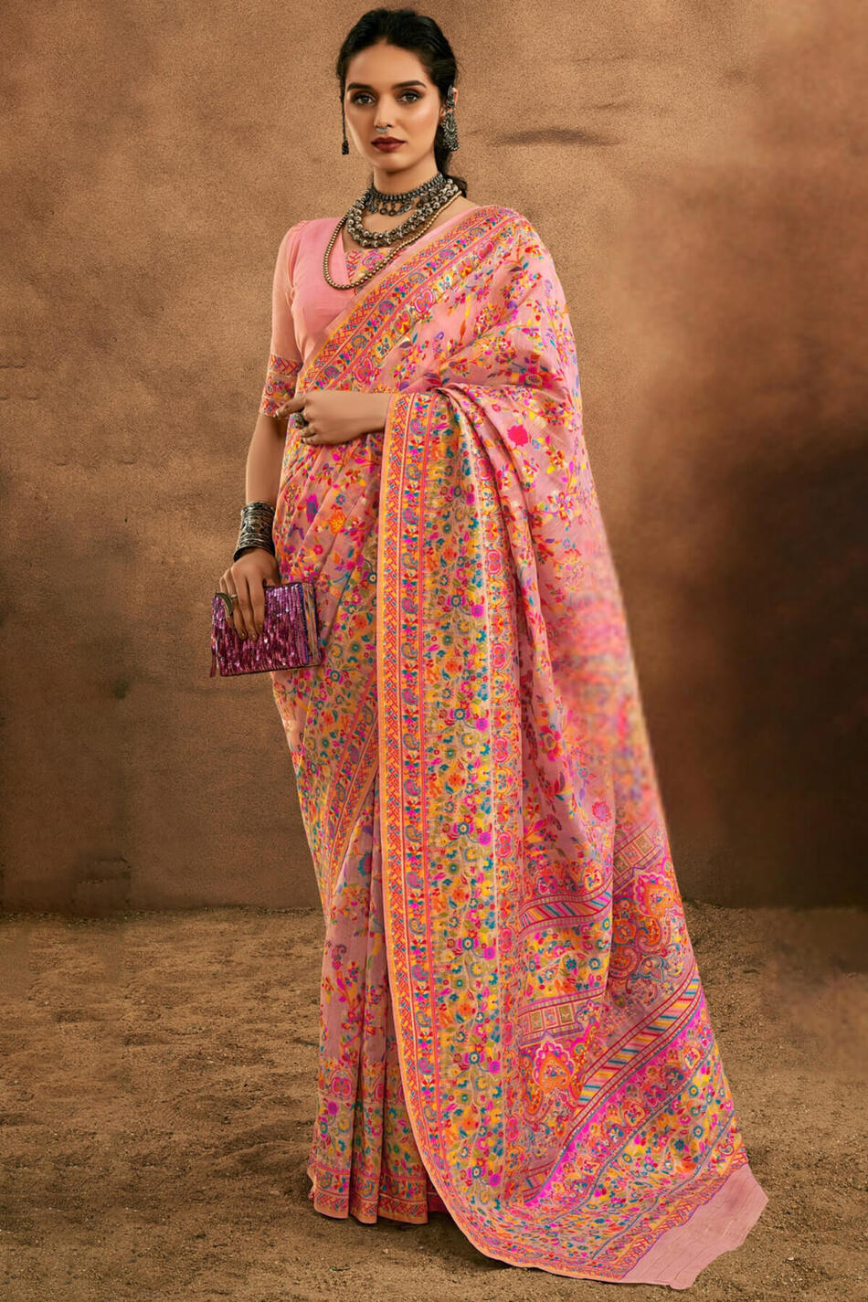 Desiring Pink Pashmina Saree With Mesmeric Blouse Piece