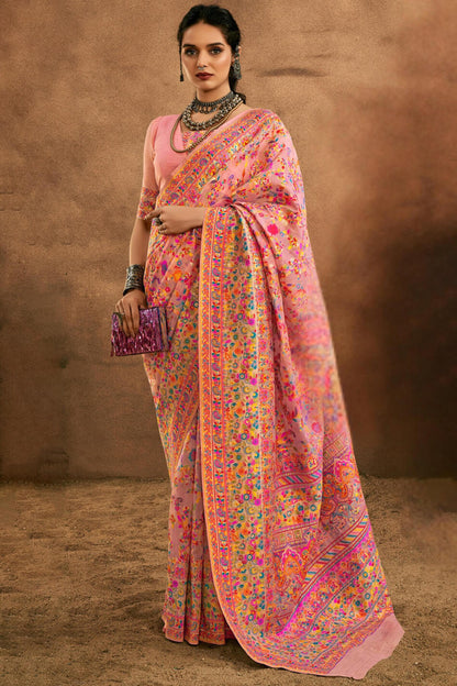 Desiring Pink Pashmina Saree With Mesmeric Blouse Piece