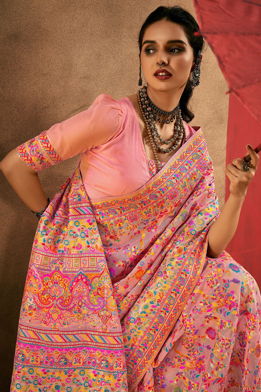 Desiring Pink Pashmina Saree With Mesmeric Blouse Piece