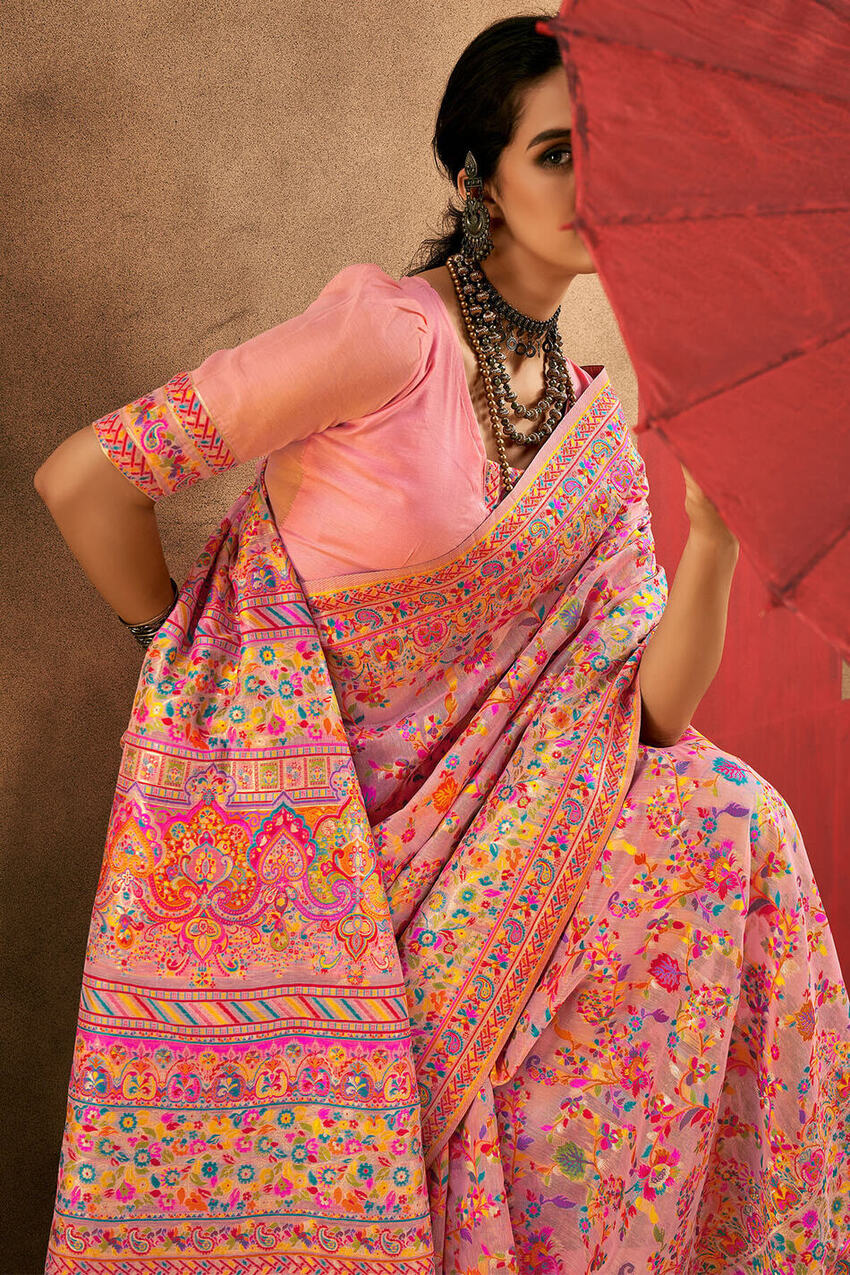 Desiring Pink Pashmina Saree With Mesmeric Blouse Piece
