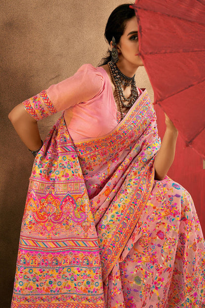 Desiring Pink Pashmina Saree With Mesmeric Blouse Piece