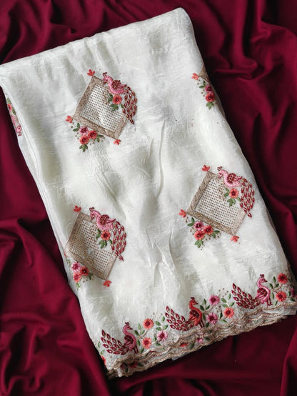 Eye-catching Off White Embroidery Work Crush Silk Saree With Pleasurable Blouse Piece