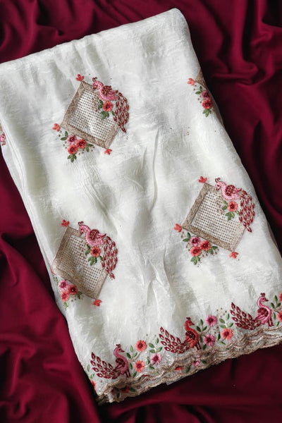 Eye-catching Off White Embroidery Work Crush Silk Saree With Pleasurable Blouse Piece