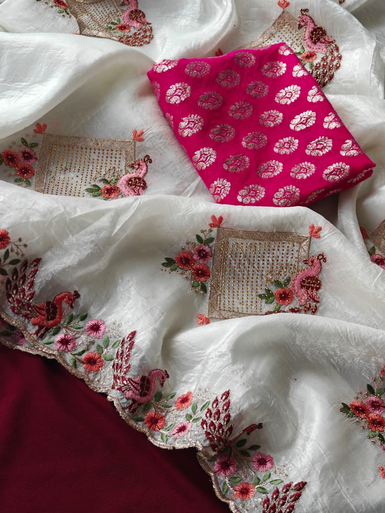 Eye-catching Off White Embroidery Work Crush Silk Saree With Pleasurable Blouse Piece