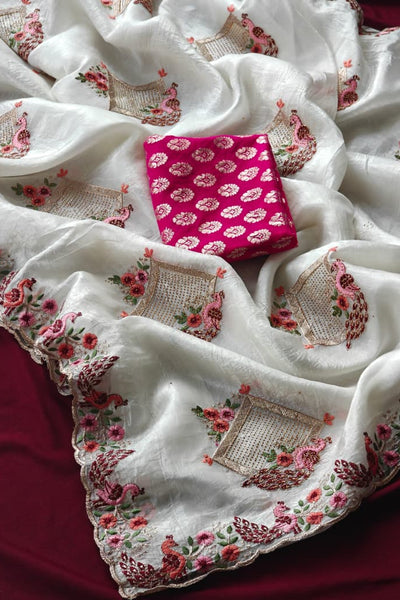 Eye-catching Off White Embroidery Work Crush Silk Saree With Pleasurable Blouse Piece