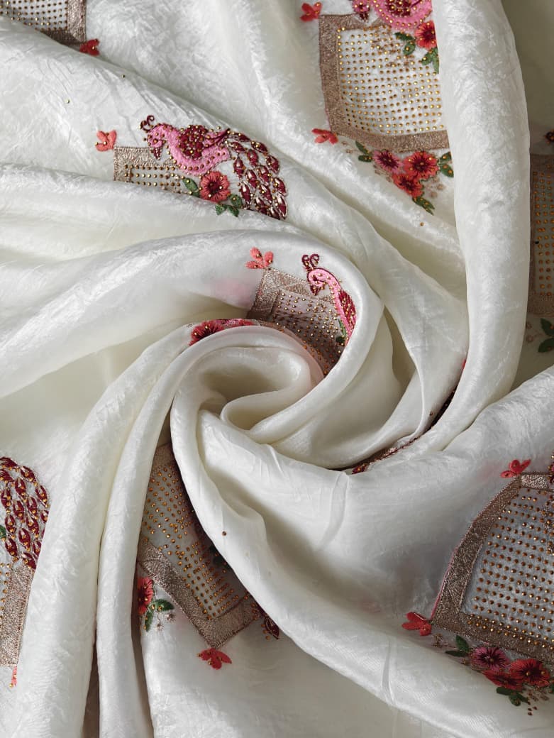 Eye-catching Off White Embroidery Work Crush Silk Saree With Pleasurable Blouse Piece