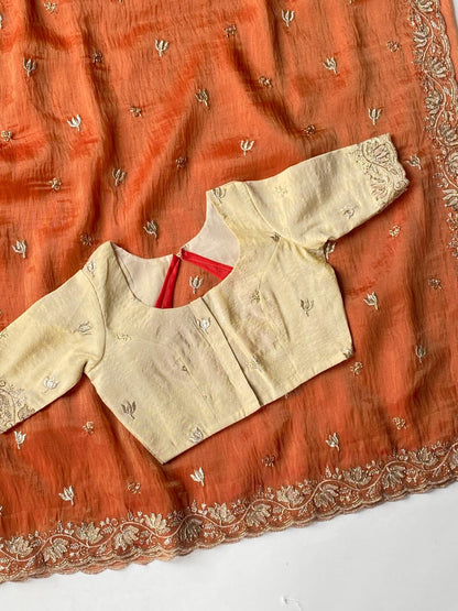 Panoply Orange Handwork Tissue Silk Saree With Outstanding Blouse Piece
