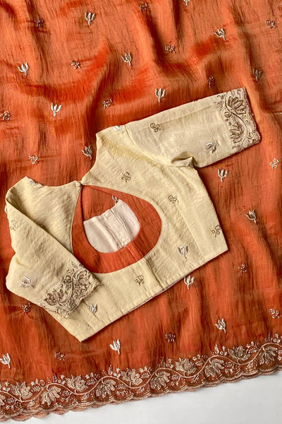 Panoply Orange Handwork Tissue Silk Saree With Stotched Blouse