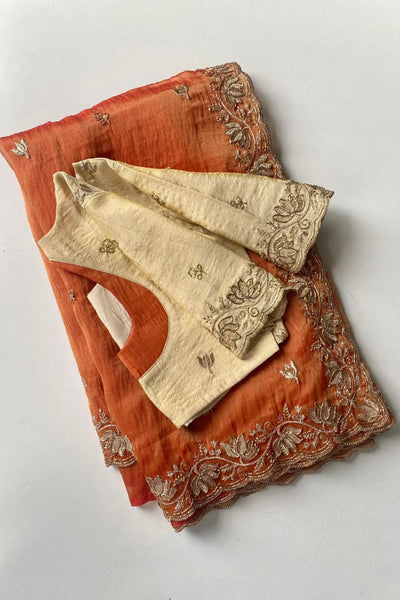 Panoply Orange Handwork Tissue Silk Saree With Stotched Blouse