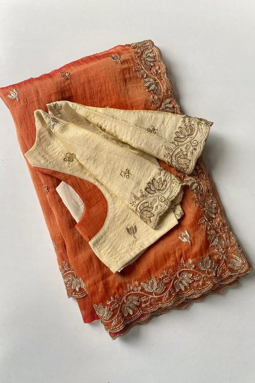 Load image into Gallery viewer, Panoply Orange Handwork Tissue Silk Saree With Stotched Blouse
