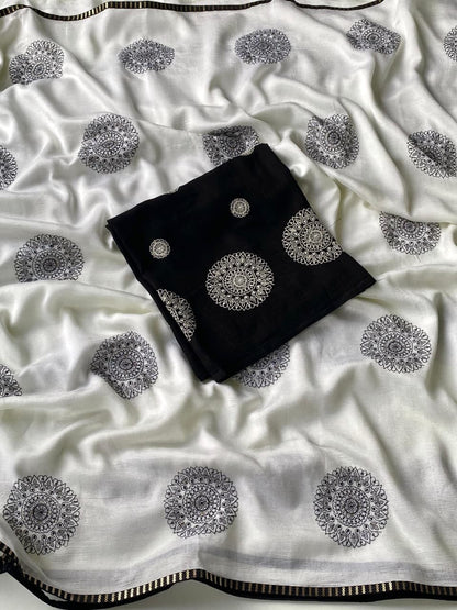 Most Flattering Off White Embroidery Work Crush Silk Saree With Moiety Blouse Piece