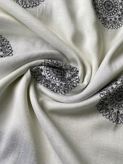 Most Flattering Off White Embroidery Work Crush Silk Saree With Moiety Blouse Piece