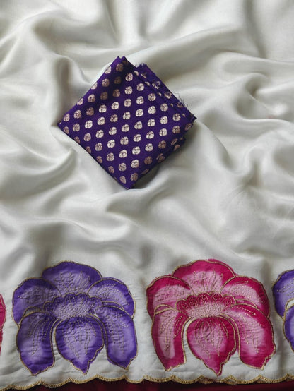 Skinny Off White Handprinted Crush Silk Saree With Resplendent Blouse Piece