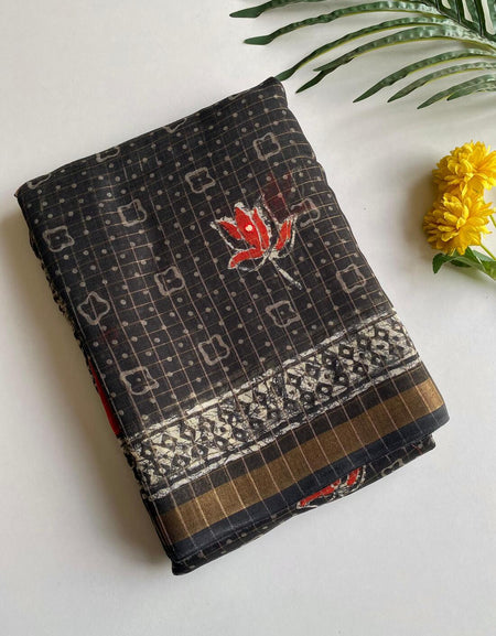 Admirable Black Printed Linen Silk Saree With Exuberant Blouse Piece