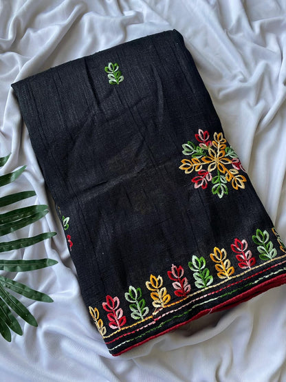 Ravishing Black Embroidery Work Tussar Silk Saree With Surreptitious Blouse Piece