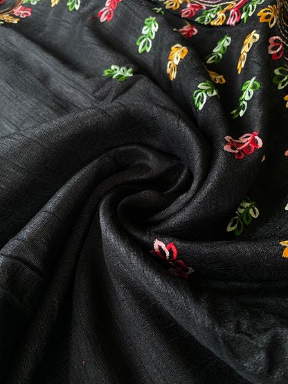 Ravishing Black Embroidery Work Tussar Silk Saree With Surreptitious Blouse Piece
