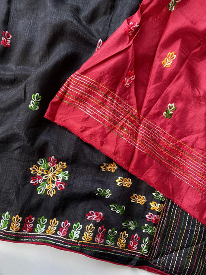 Ravishing Black Embroidery Work Tussar Silk Saree With Surreptitious Blouse Piece