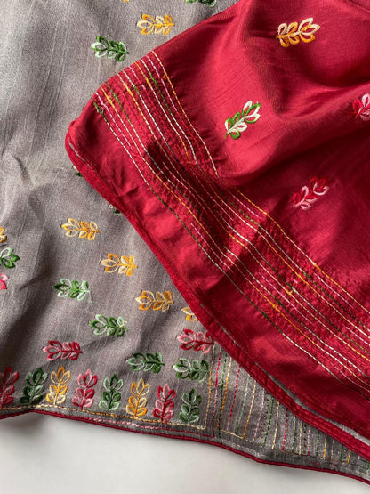 Aplomb Grey Embroidery Work Tussar Silk Saree With Ornate Blouse Piece