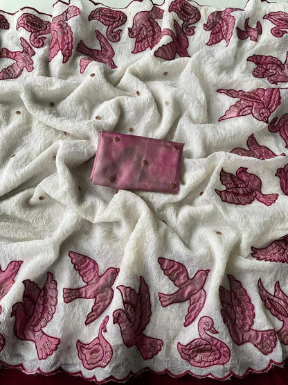 Dazzling Off White Embroidery Work Crush Silk Saree With Lagniappe Blouse Piece