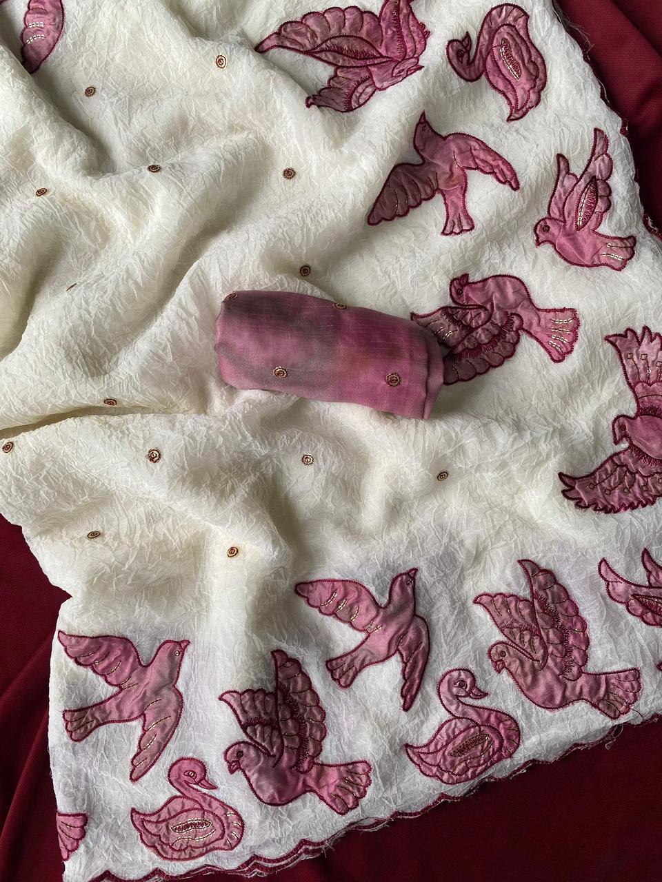 Dazzling Off White Embroidery Work Crush Silk Saree With Lagniappe Blouse Piece