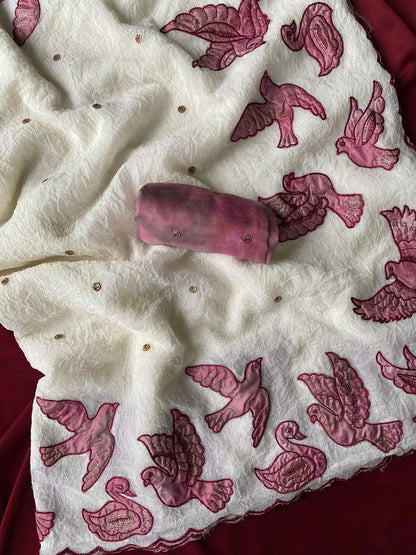 Dazzling Off White Embroidery Work Crush Silk Saree With Lagniappe Blouse Piece