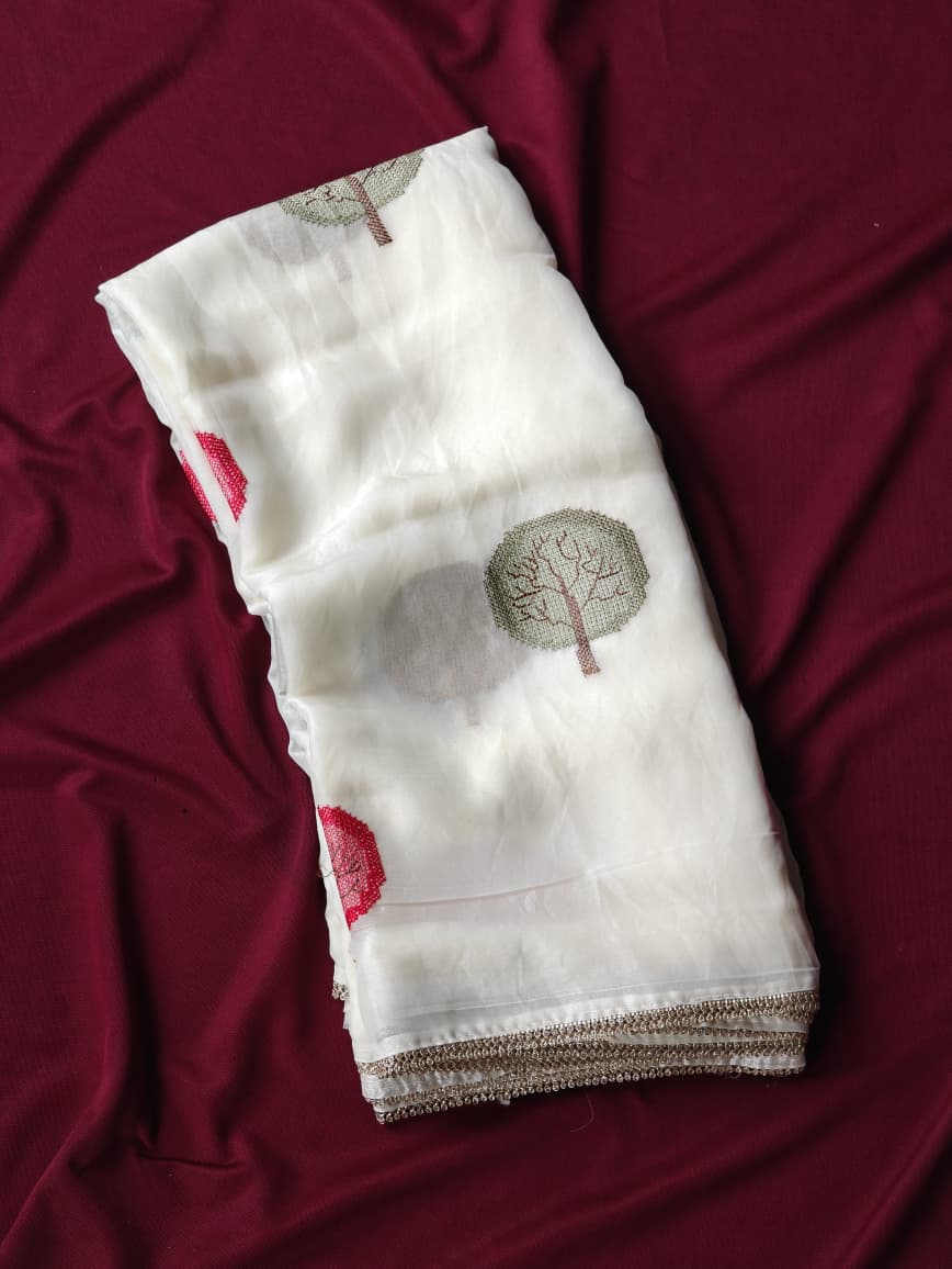 Nectarous Off White Embroidery Work Pure Satin Georgette Saree With Murmurous Blouse Piece