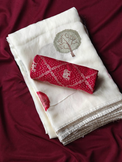 Nectarous Off White Embroidery Work Pure Satin Georgette Saree With Murmurous Blouse Piece