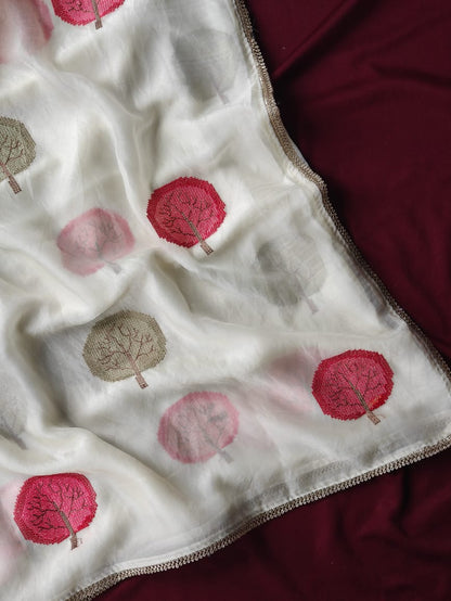 Nectarous Off White Embroidery Work Pure Satin Georgette Saree With Murmurous Blouse Piece