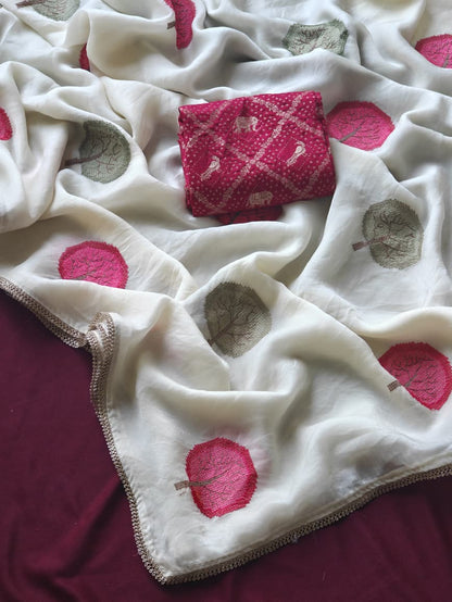 Nectarous Off White Embroidery Work Pure Satin Georgette Saree With Murmurous Blouse Piece