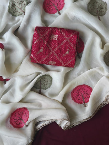 Nectarous Off White Embroidery Work Pure Satin Georgette Saree With Murmurous Blouse Piece