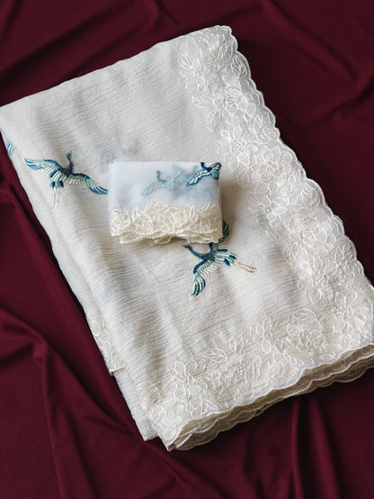 Precious Off White Embroidery Work Crush Silk Saree With Charming Blouse Piece