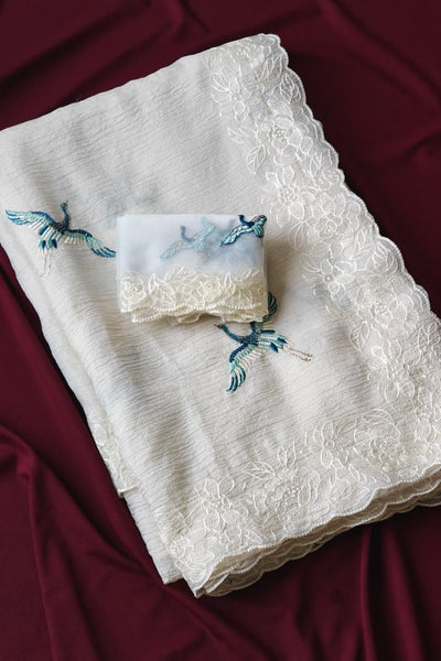 Precious Off White Embroidery Work Crush Silk Saree With Charming Blouse Piece