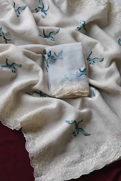 Precious Off White Embroidery Work Crush Silk Saree With Charming Blouse Piece