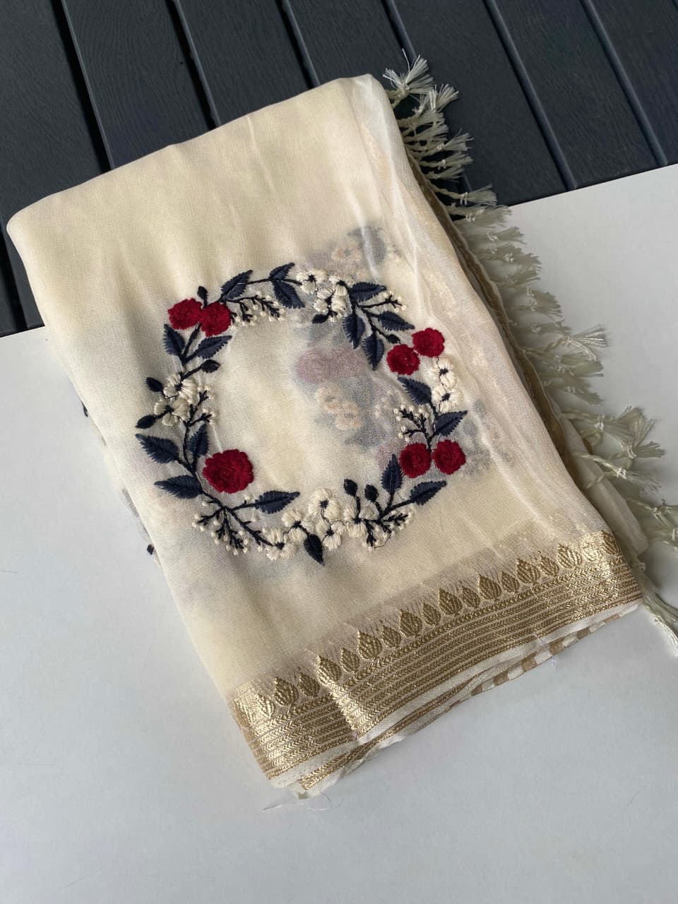 Lustrous Beige Embroidery Work Viscose Georgette Saree With Flaunt Blouse Piece