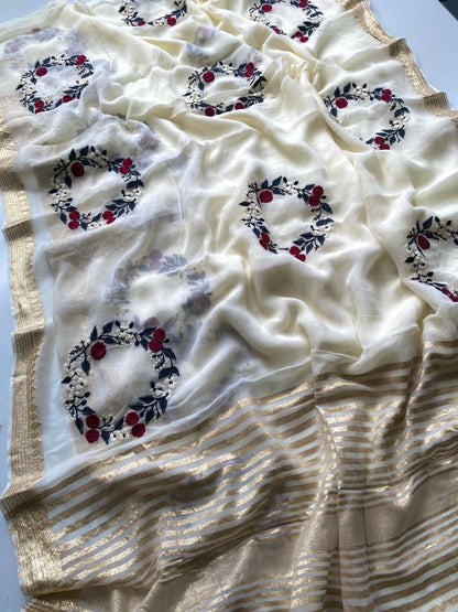 Lustrous Beige Embroidery Work Viscose Georgette Saree With Flaunt Blouse Piece