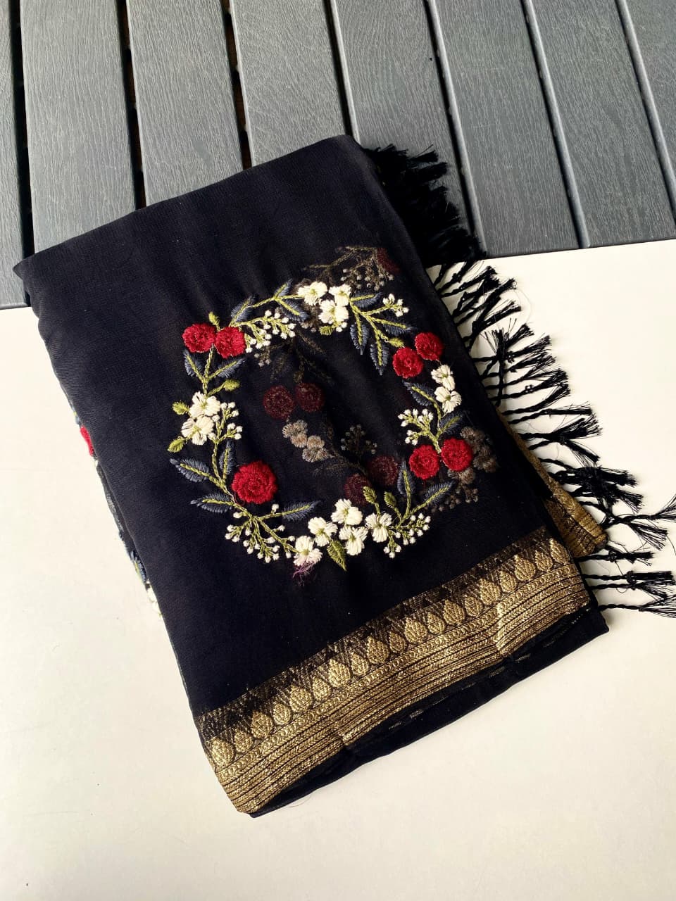 Panoply Black Embroidery Work Viscose Georgette Saree With Jubilant Blouse Piece