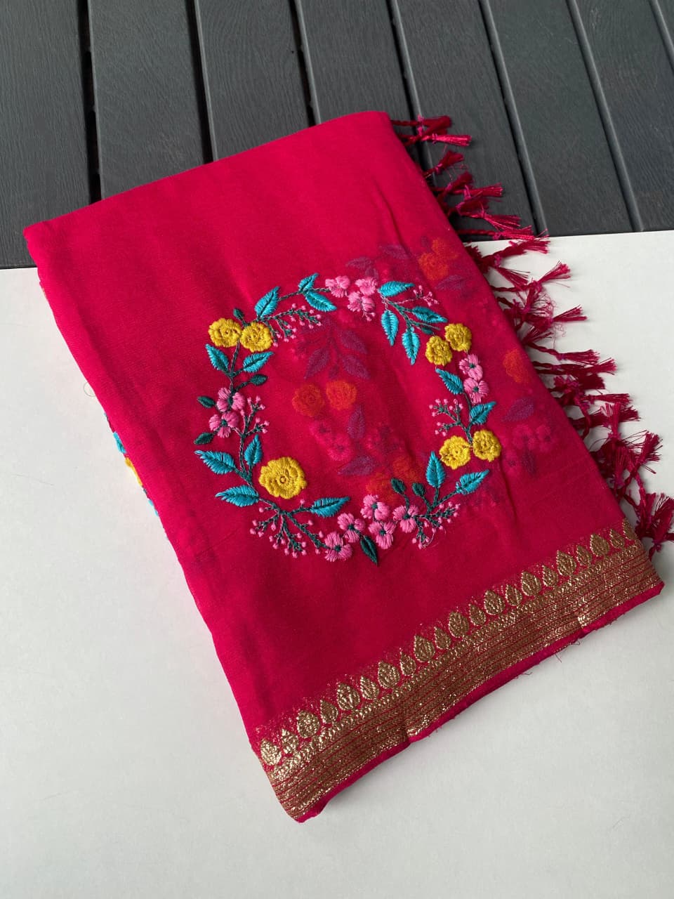 Incomparable Dark Pink Embroidery Work Viscose Georgette Saree With Devastating Blouse Piece