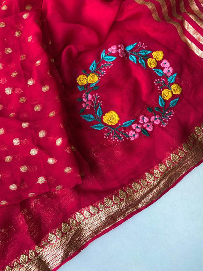 Incomparable Dark Pink Embroidery Work Viscose Georgette Saree With Devastating Blouse Piece