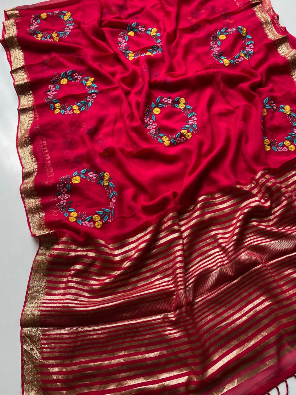 Incomparable Dark Pink Embroidery Work Viscose Georgette Saree With Devastating Blouse Piece