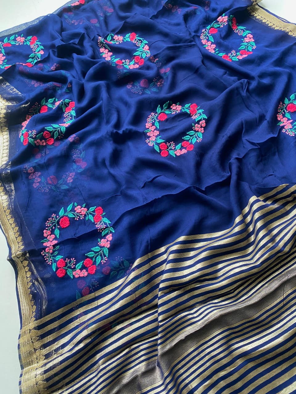 Breathtaking Navy Blue Embroidery Work Viscose Georgette Saree With Chatoyant Blouse Piece