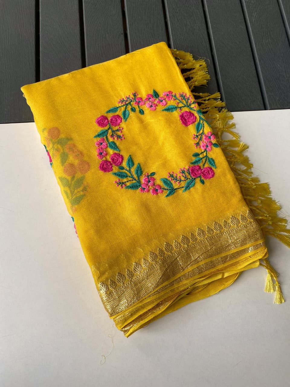 Beleaguer Yellow Embroidery Work Viscose Georgette Saree With Delightful Blouse Piece