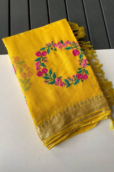 Beleaguer Yellow Embroidery Work Viscose Georgette Saree With Delightful Blouse Piece