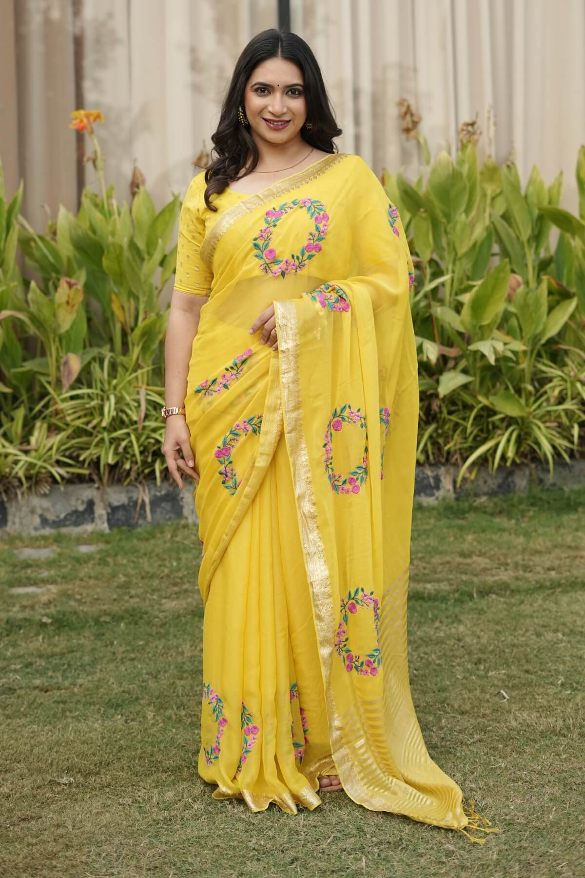Beleaguer Yellow Embroidery Work Viscose Georgette Saree With Delightful Blouse Piece