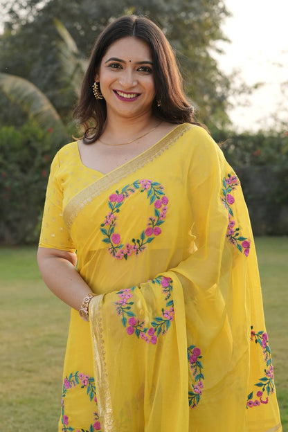 Beleaguer Yellow Embroidery Work Viscose Georgette Saree With Delightful Blouse Piece